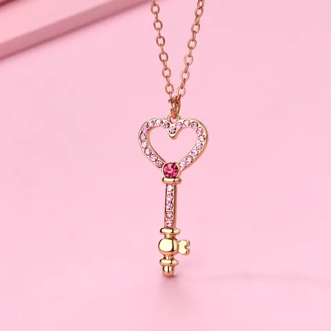 Cute Romantic Sweet Heart Shape Key Rhinestones Alloy Iron Copper Cable Chain Pendant Necklaces