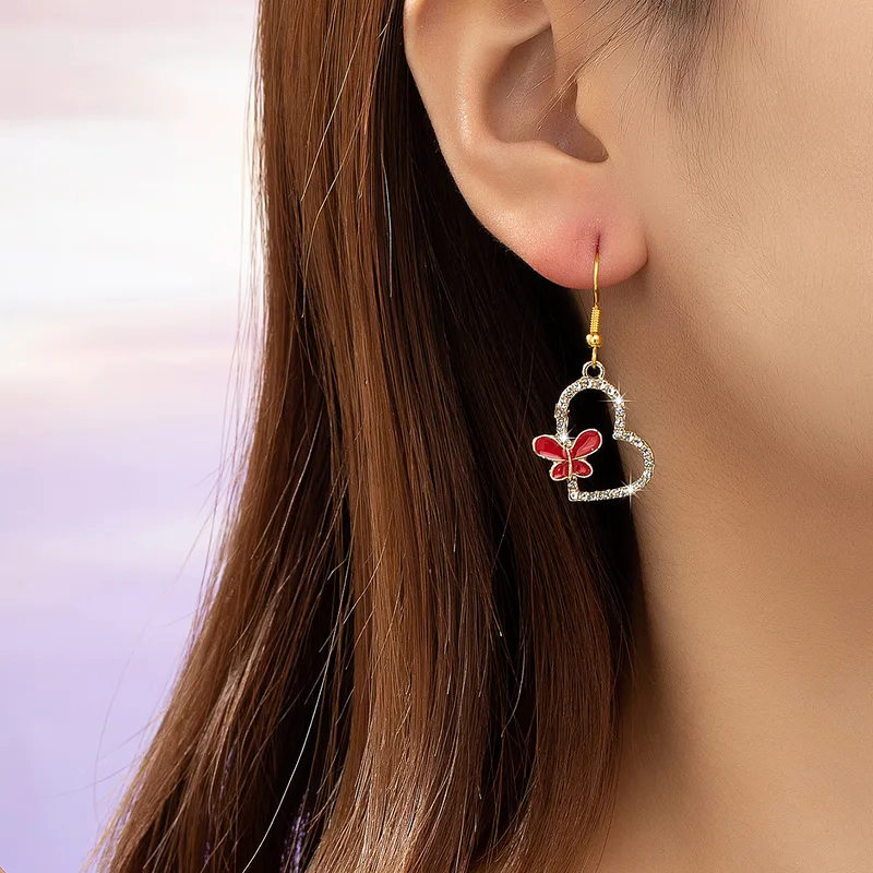 Butterfly Hollowed Heart Shape Zinc Alloy Drip Glazed Glass Eardrops