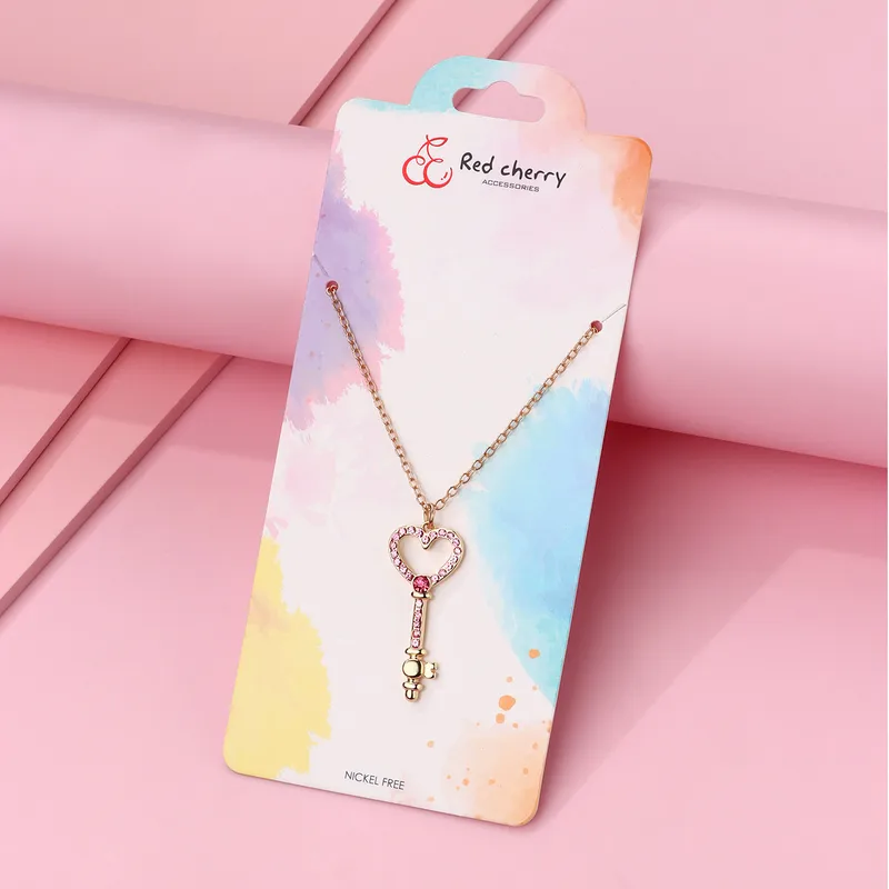 Cute Romantic Sweet Heart Shape Key Rhinestones Alloy Iron Copper Cable Chain Pendant Necklaces