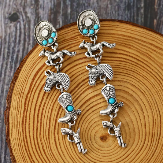 Ethnic Style Pistol Boots Horse Inlay Alloy Turquoise Drop Earrings