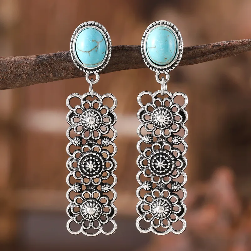 Retro Square Alloy Turquoise Drop Earrings