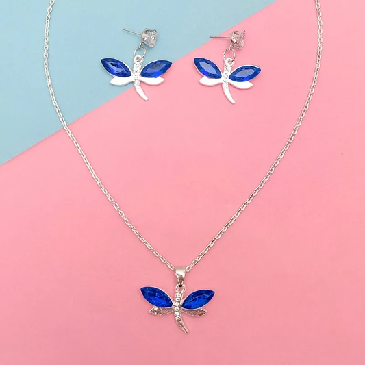 Elegant Lady Dragonfly Alloy Plating Glass Women's Cable Chain Earrings Necklace Jewelry Set