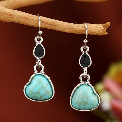Ethnic Style Bohemian Water Droplets Heart Shape Inlay Zinc Alloy Turquoise Drop Earrings