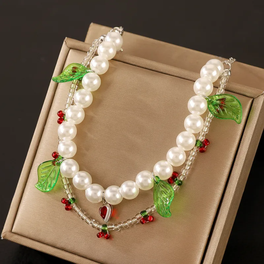 IG Style Sweet Leaves Cherry Imitation Pearl Alloy Seed Bead Beaded Chain Beaded Bracelets