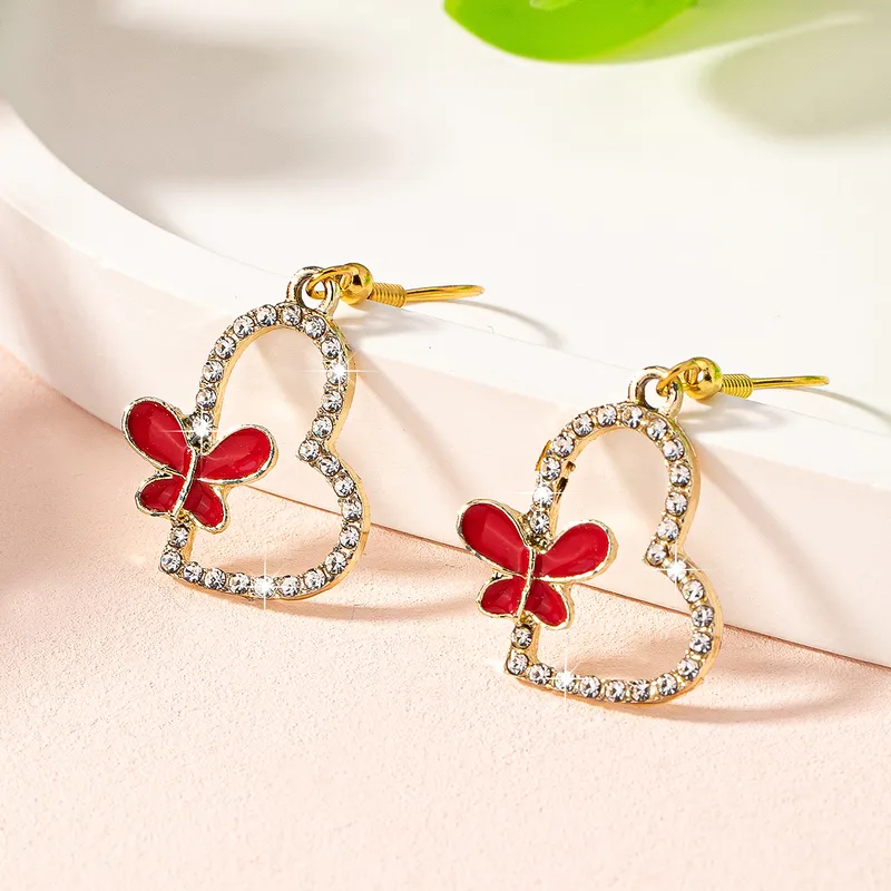 Butterfly Hollowed Heart Shape Zinc Alloy Drip Glazed Glass Eardrops