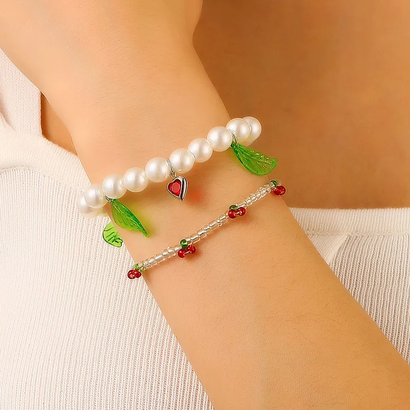 IG Style Sweet Leaves Cherry Imitation Pearl Alloy Seed Bead Beaded Chain Beaded Bracelets