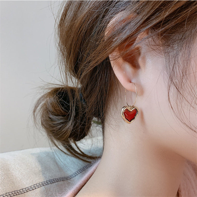 Korea New Fashion Wine Red Love Ear Ring Simple Elegant Internet Celebrity Distinctive Earrings Ear Jewelry
