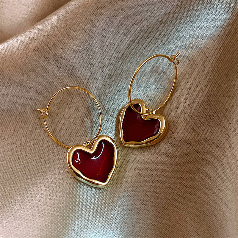 Korea New Fashion Wine Red Love Ear Ring Simple Elegant Internet Celebrity Distinctive Earrings Ear Jewelry