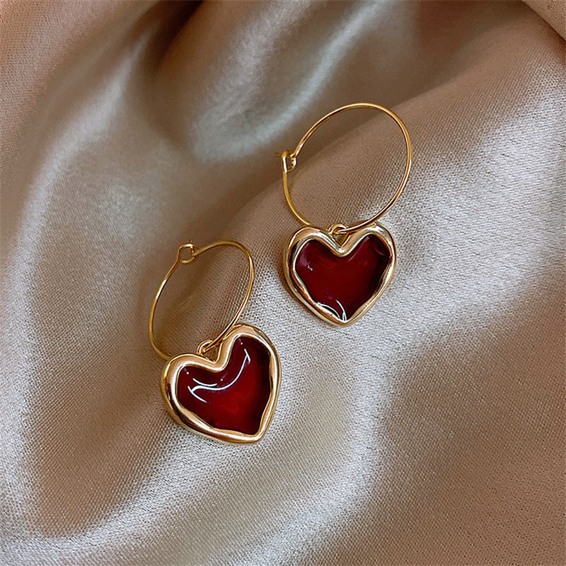Korea New Fashion Wine Red Love Ear Ring Simple Elegant Internet Celebrity Distinctive Earrings Ear Jewelry