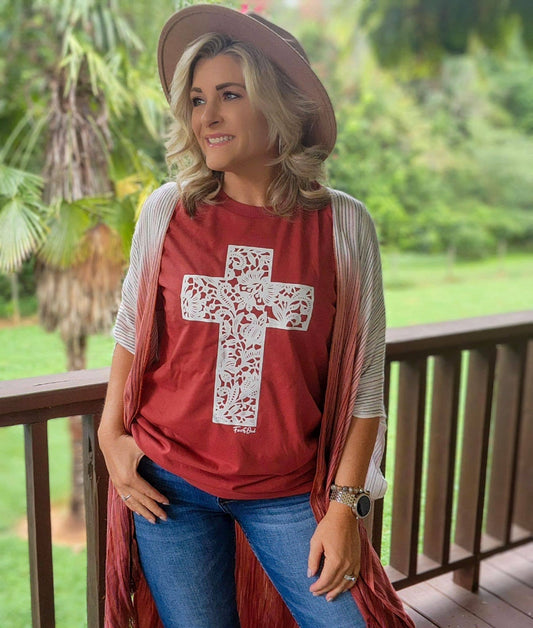 Rust Lace Cross Tultex Faith Graphic Tee Free Shipping