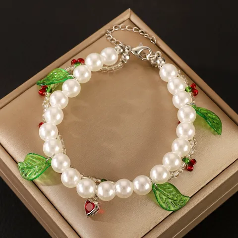 IG Style Sweet Leaves Cherry Imitation Pearl Alloy Seed Bead Beaded Chain Beaded Bracelets