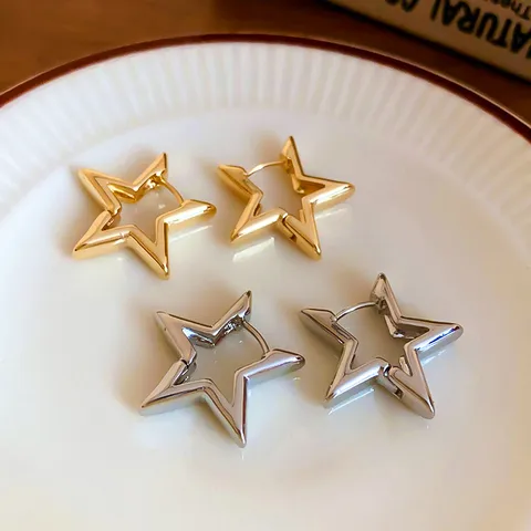 Elegant French Style Pentagram Hollow Out Alloy PVD Coated Golden Plated Women's Gold Silver Earrings