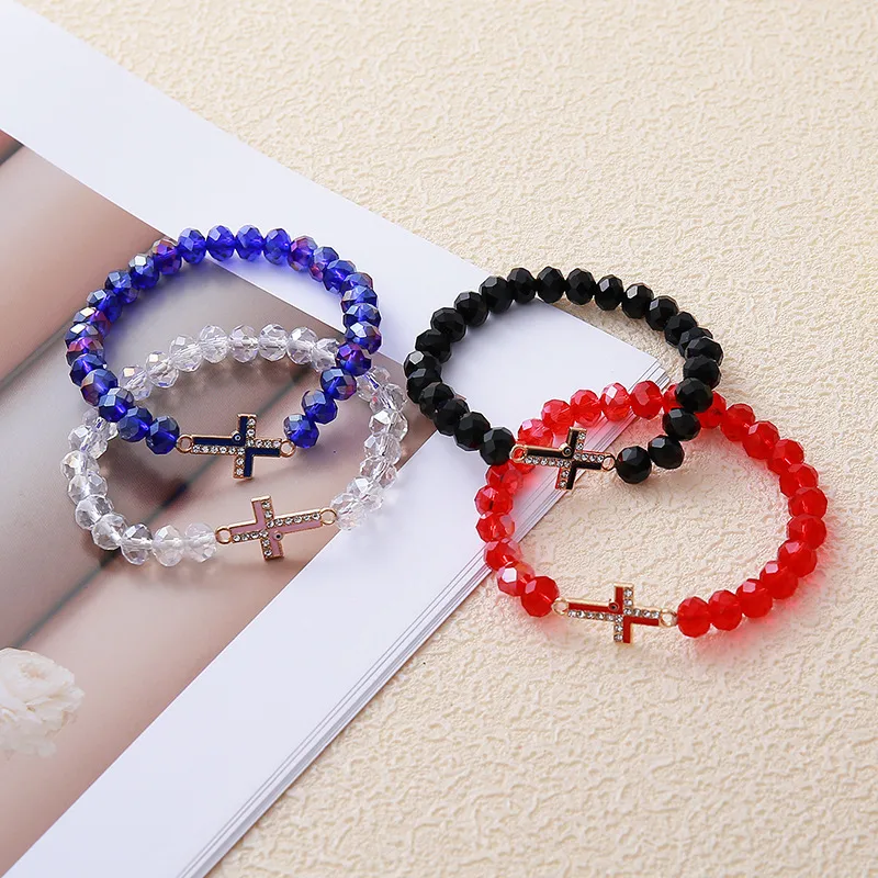 Fashion Simple Rhinestone Cross Colorful Crystal String Beads Women's Bracelet