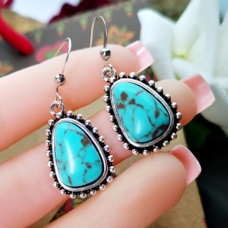 Classical Ethnic Style Geometric Metal Inlay Turquoise Silver Plated Women's Drop Earrings