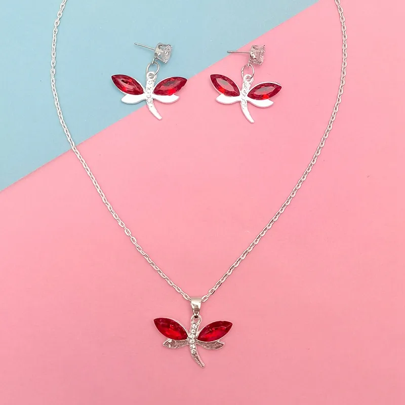 Elegant Lady Dragonfly Alloy Plating Glass Women's Cable Chain Earrings Necklace Jewelry Set