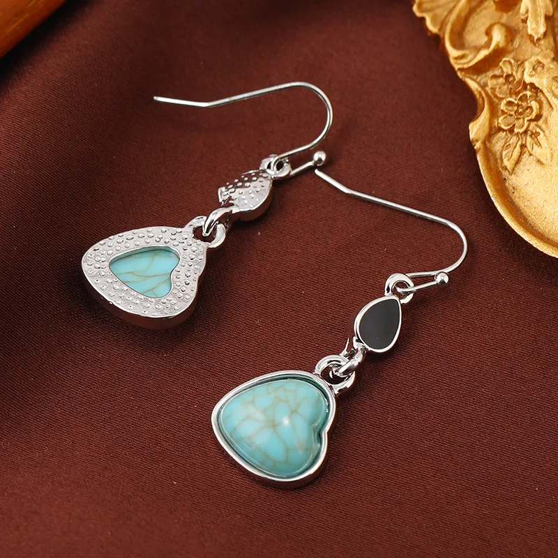 Ethnic Style Bohemian Water Droplets Heart Shape Inlay Zinc Alloy Turquoise Drop Earrings