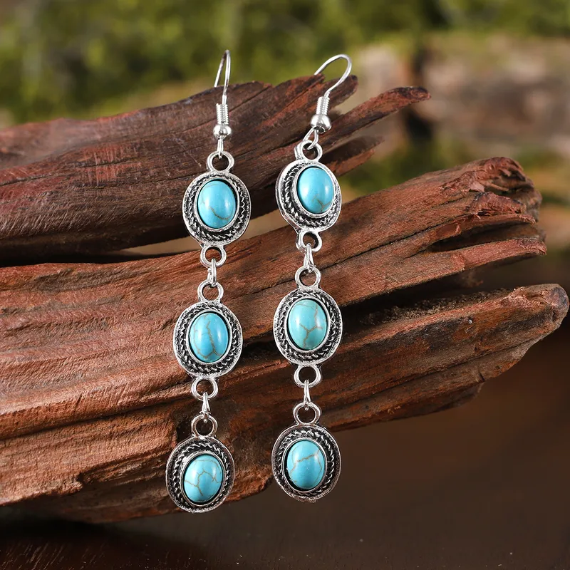 Retro Oval Alloy Turquoise Drop Earrings
