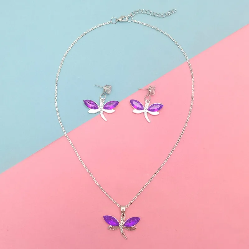 Elegant Lady Dragonfly Alloy Plating Glass Women's Cable Chain Earrings Necklace Jewelry Set