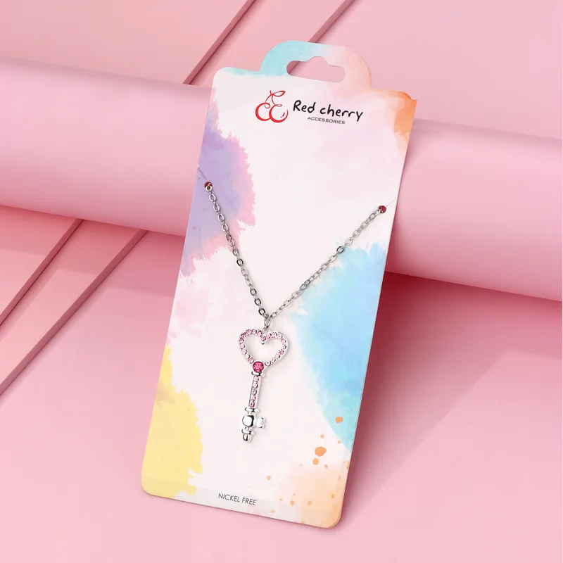 Cute Romantic Sweet Heart Shape Key Rhinestones Alloy Iron Copper Cable Chain Pendant Necklaces
