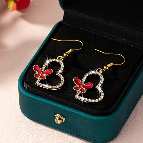 Butterfly Hollowed Heart Shape Zinc Alloy Drip Glazed Glass Eardrops