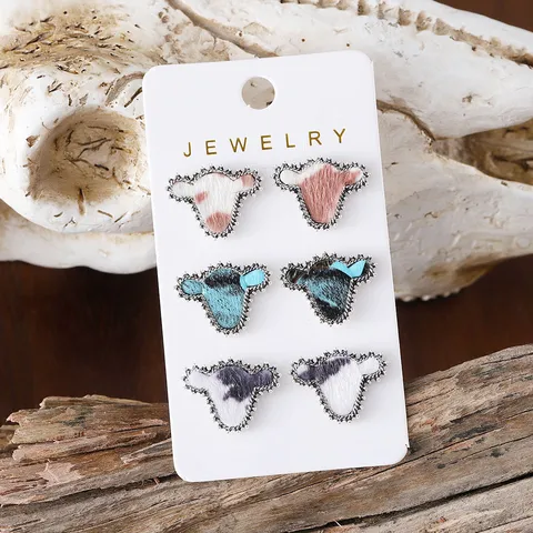 Retro Bull Head Pu Leather Alloy Turquoise Ear Studs