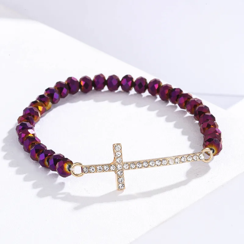 Fashion Simple Diamond Cross Colorful Crystal Beaded Bracelet Creative All-match Handmade Jewelry