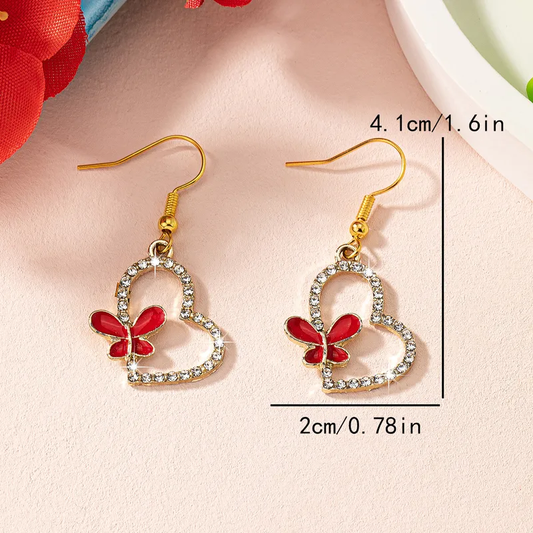 Butterfly Hollowed Heart Shape Zinc Alloy Drip Glazed Glass Eardrops