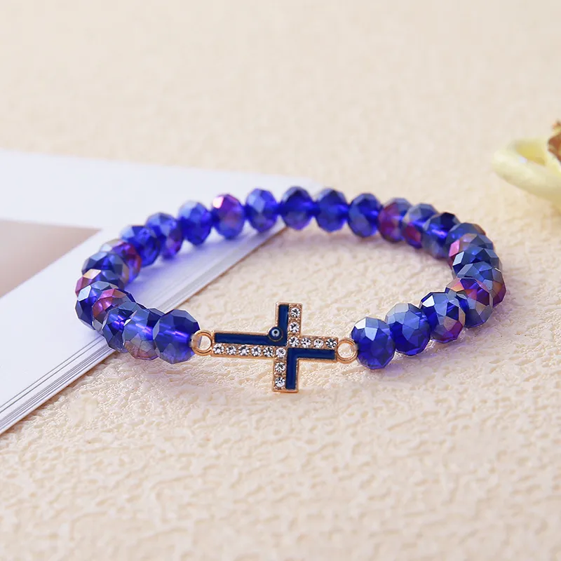 Fashion Simple Rhinestone Cross Colorful Crystal String Beads Women's Bracelet