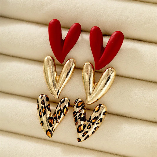 Leopard Print Heart-shaped Stud Earrings Set of 3 Pairs