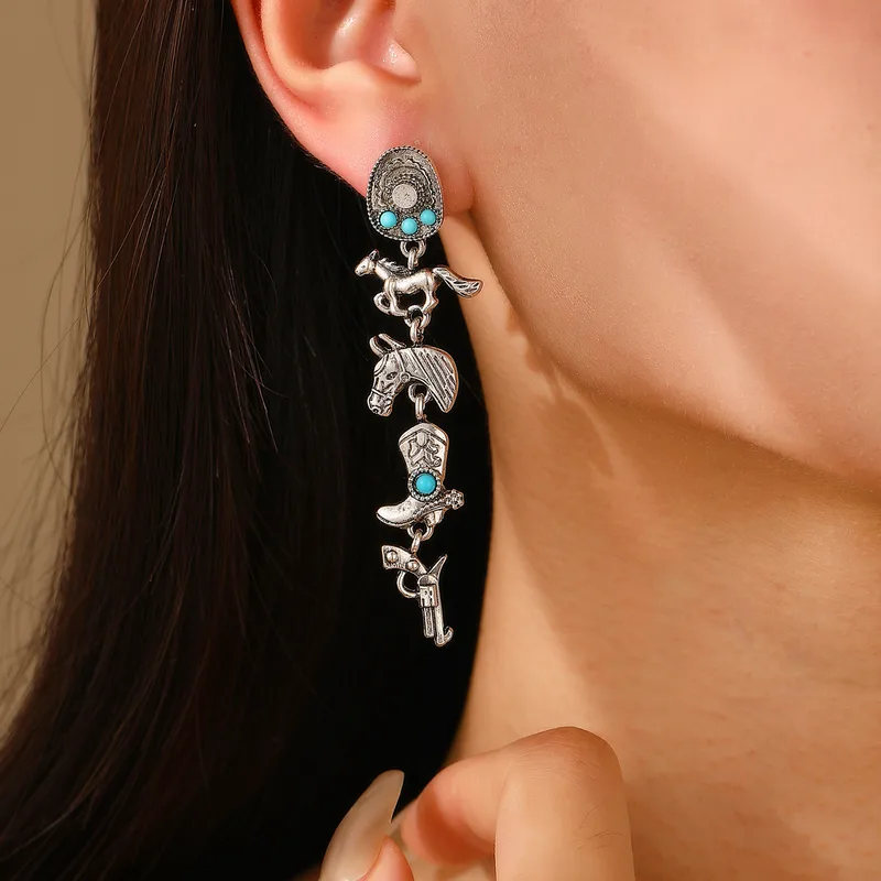 Ethnic Style Pistol Boots Horse Inlay Alloy Turquoise Drop Earrings