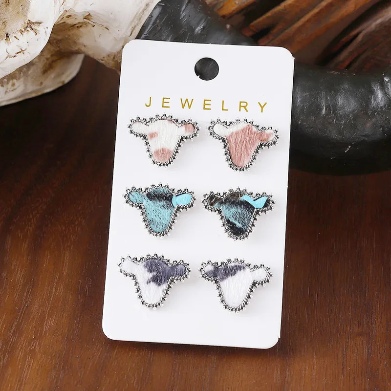 Retro Bull Head Pu Leather Alloy Turquoise Ear Studs