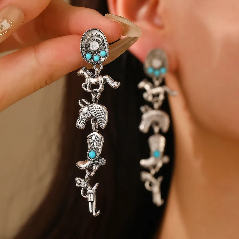 Ethnic Style Pistol Boots Horse Inlay Alloy Turquoise Drop Earrings