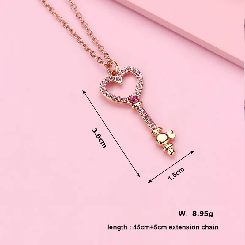 Cute Romantic Sweet Heart Shape Key Rhinestones Alloy Iron Copper Cable Chain Pendant Necklaces