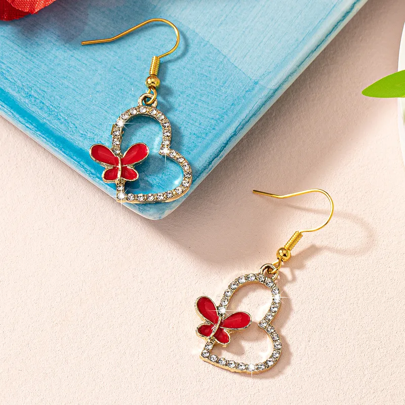 Butterfly Hollowed Heart Shape Zinc Alloy Drip Glazed Glass Eardrops