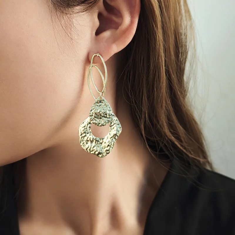 Exaggerated Punk Geometric Pleated Iron Drop Earrings