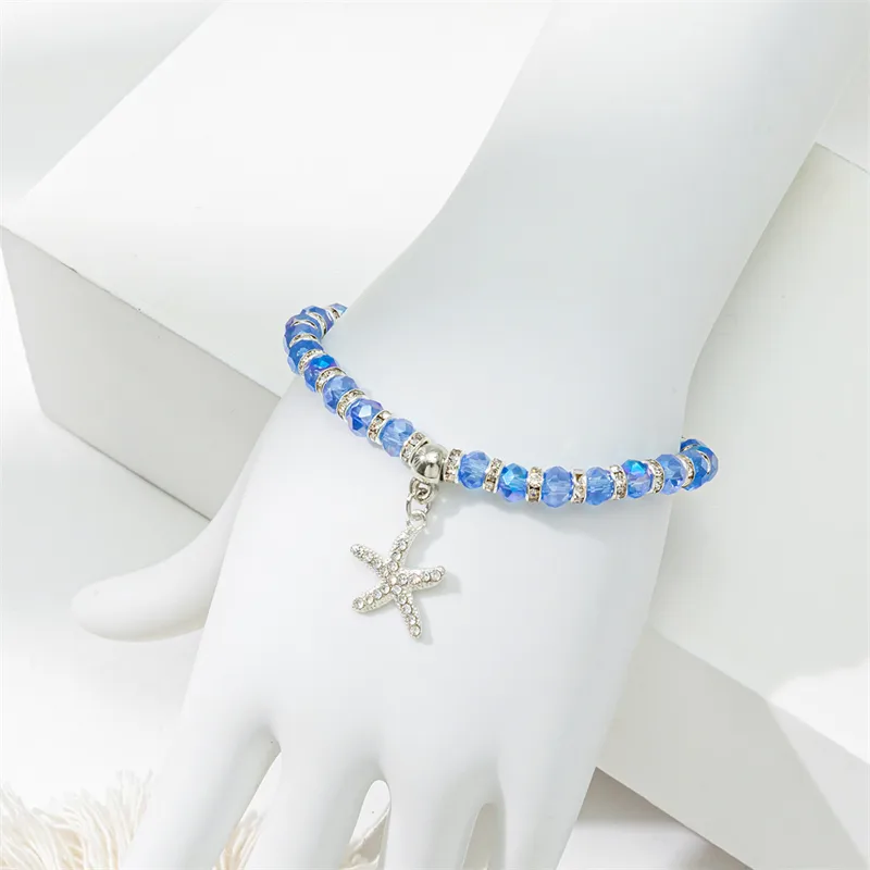 Cute lady sweet round starfish artificial crystal glass inlay rhinestones women bracelet
