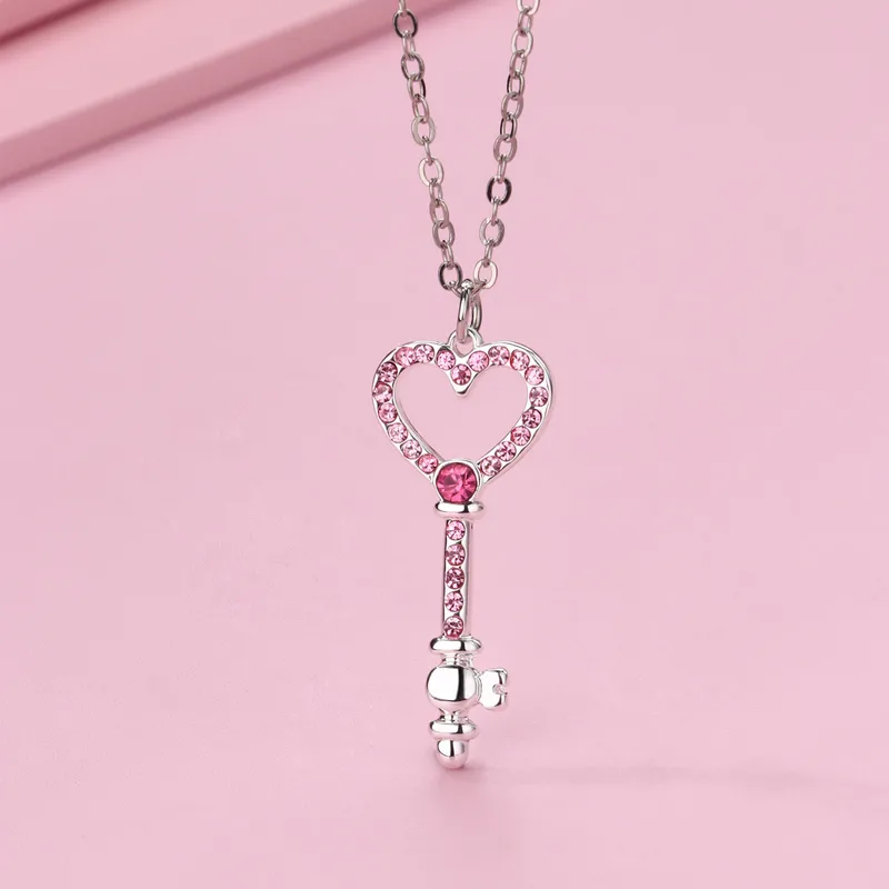 Cute Romantic Sweet Heart Shape Key Rhinestones Alloy Iron Copper Cable Chain Pendant Necklaces