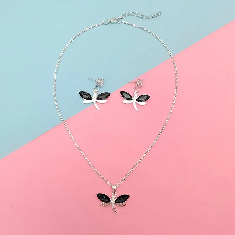 Elegant Lady Dragonfly Alloy Plating Glass Women's Cable Chain Earrings Necklace Jewelry Set
