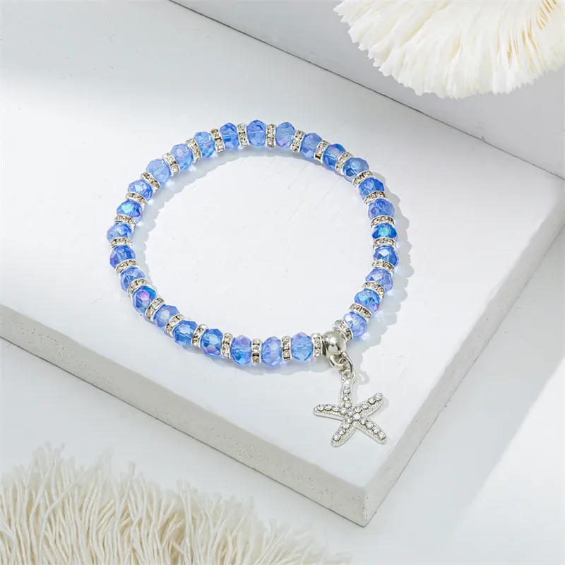 Cute lady sweet round starfish artificial crystal glass inlay rhinestones women bracelet
