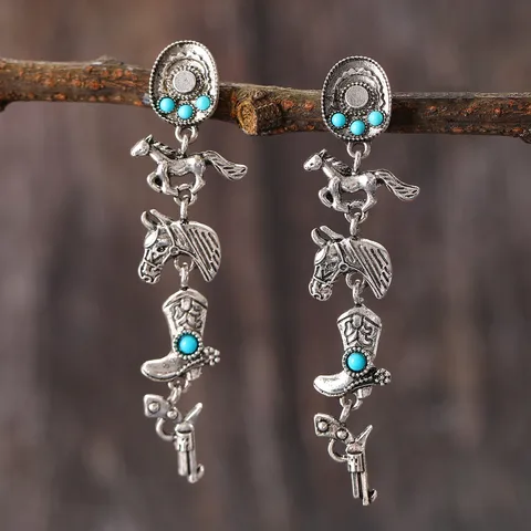 Ethnic Style Pistol Boots Horse Inlay Alloy Turquoise Drop Earrings