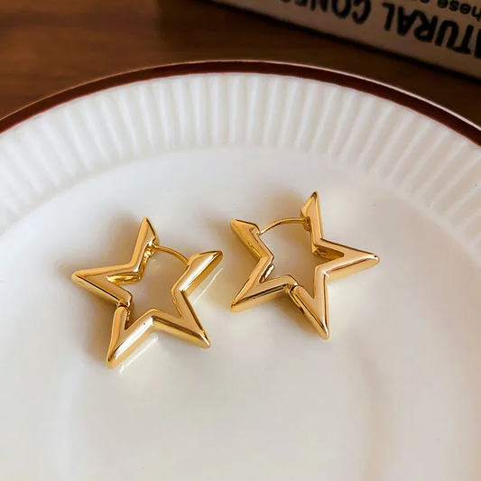 Elegant French Style Pentagram Hollow Out Alloy PVD Coated Golden Plated Women's Gold Silver Earrings