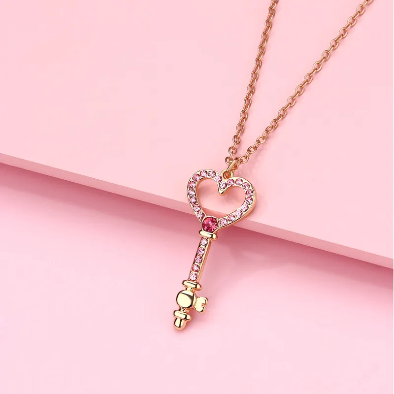 Cute Romantic Sweet Heart Shape Key Rhinestones Alloy Iron Copper Cable Chain Pendant Necklaces