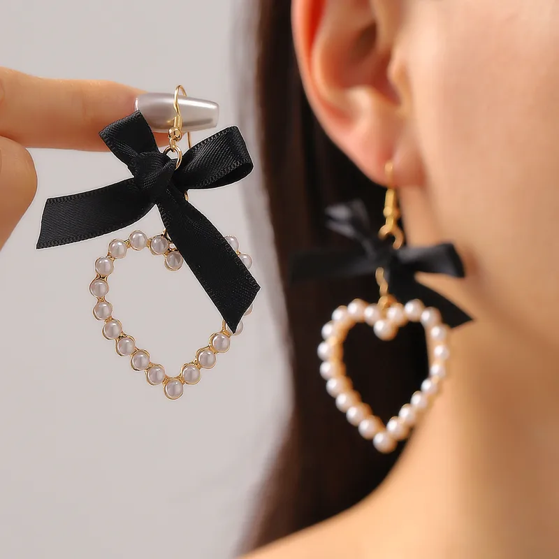 Elegant lady heart shape bow know drop earrings
