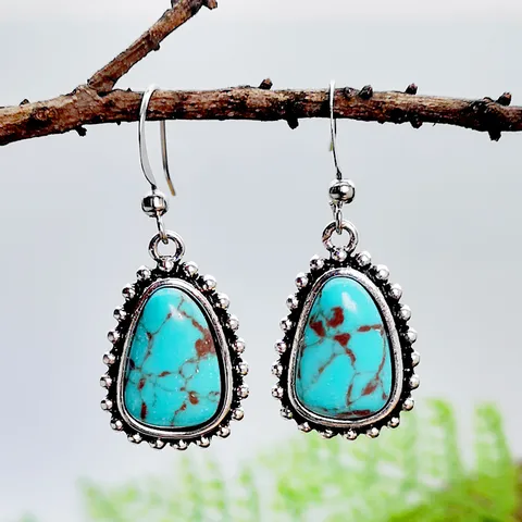 Classical Ethnic Style Geometric Metal Inlay Turquoise Silver Plated Women's Drop Earrings