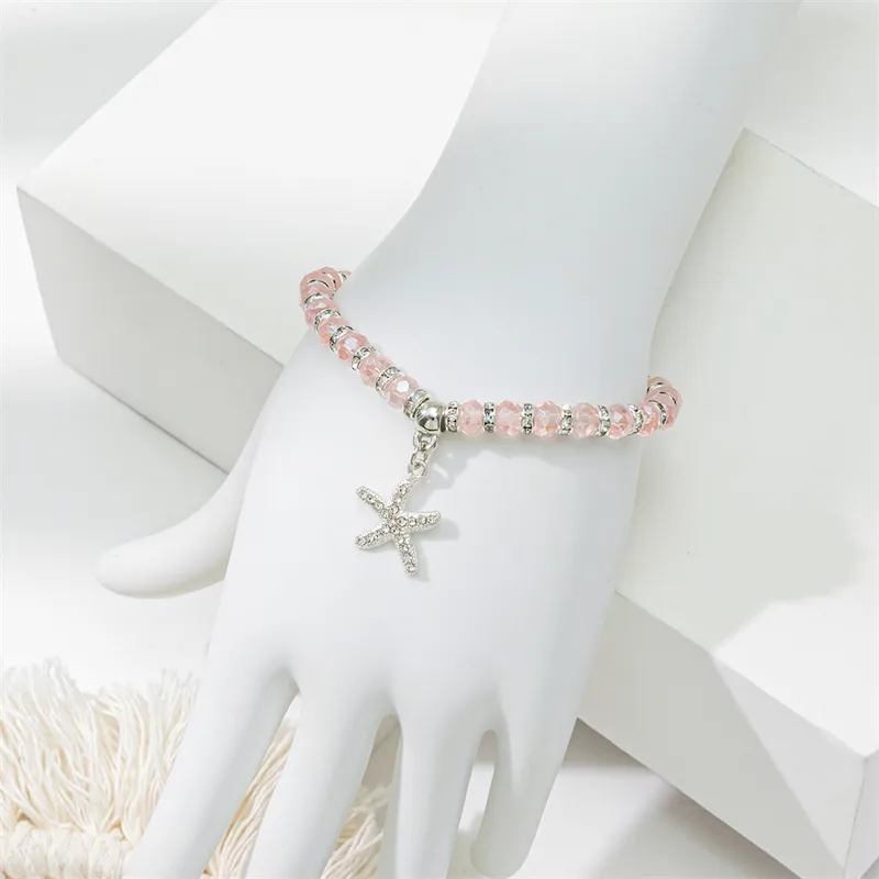 Cute lady sweet round starfish artificial crystal glass inlay rhinestones women bracelet