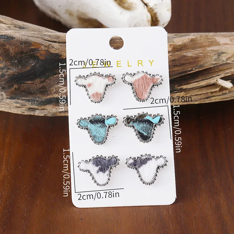 Retro Bull Head Pu Leather Alloy Turquoise Ear Studs