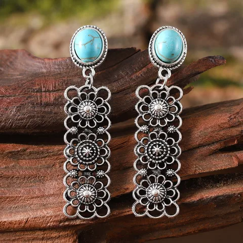 Retro Square Alloy Turquoise Drop Earrings