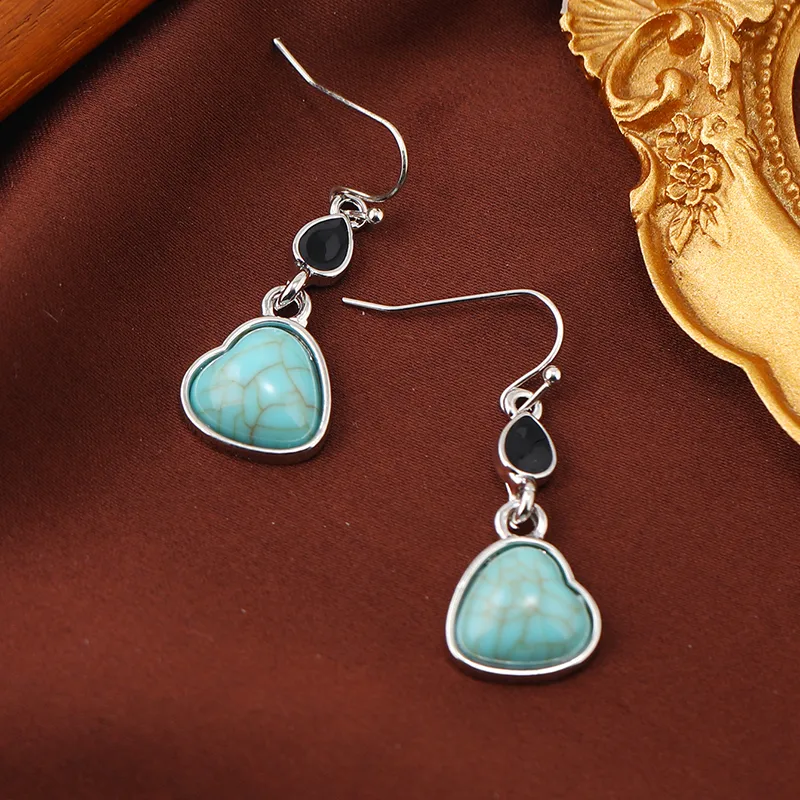 Ethnic Style Bohemian Water Droplets Heart Shape Inlay Zinc Alloy Turquoise Drop Earrings