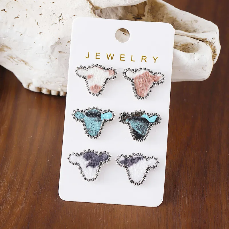 Retro Bull Head Pu Leather Alloy Turquoise Ear Studs