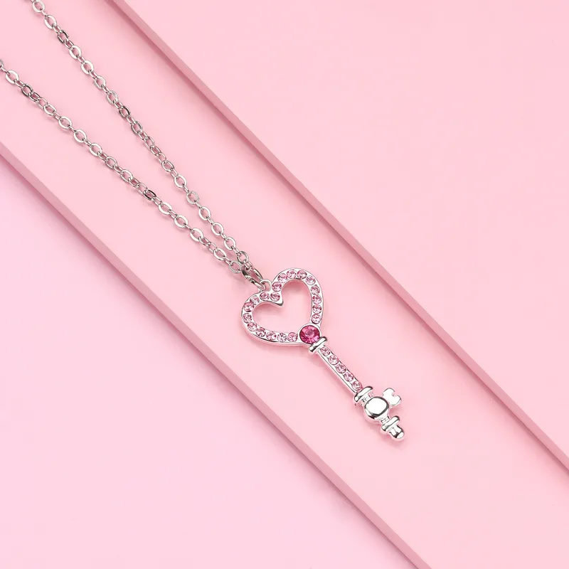 Cute Romantic Sweet Heart Shape Key Rhinestones Alloy Iron Copper Cable Chain Pendant Necklaces